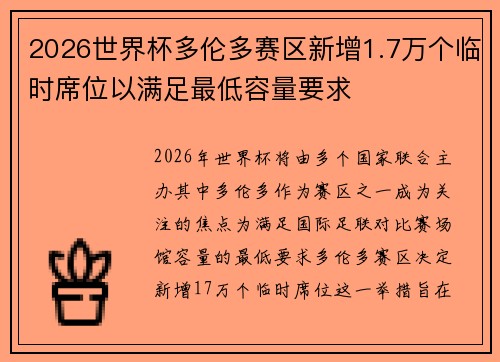 2026世界杯多伦多赛区新增1.7万个临时席位以满足最低容量要求