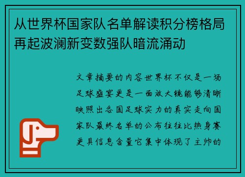 从世界杯国家队名单解读积分榜格局再起波澜新变数强队暗流涌动